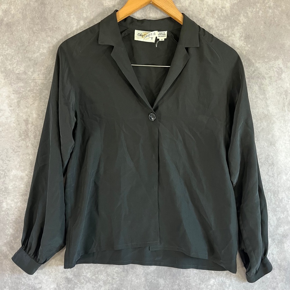 Oleg Cassini Silk Blouse Women 4 Black Vintage Notched Lapel Long Sleeve Minimal